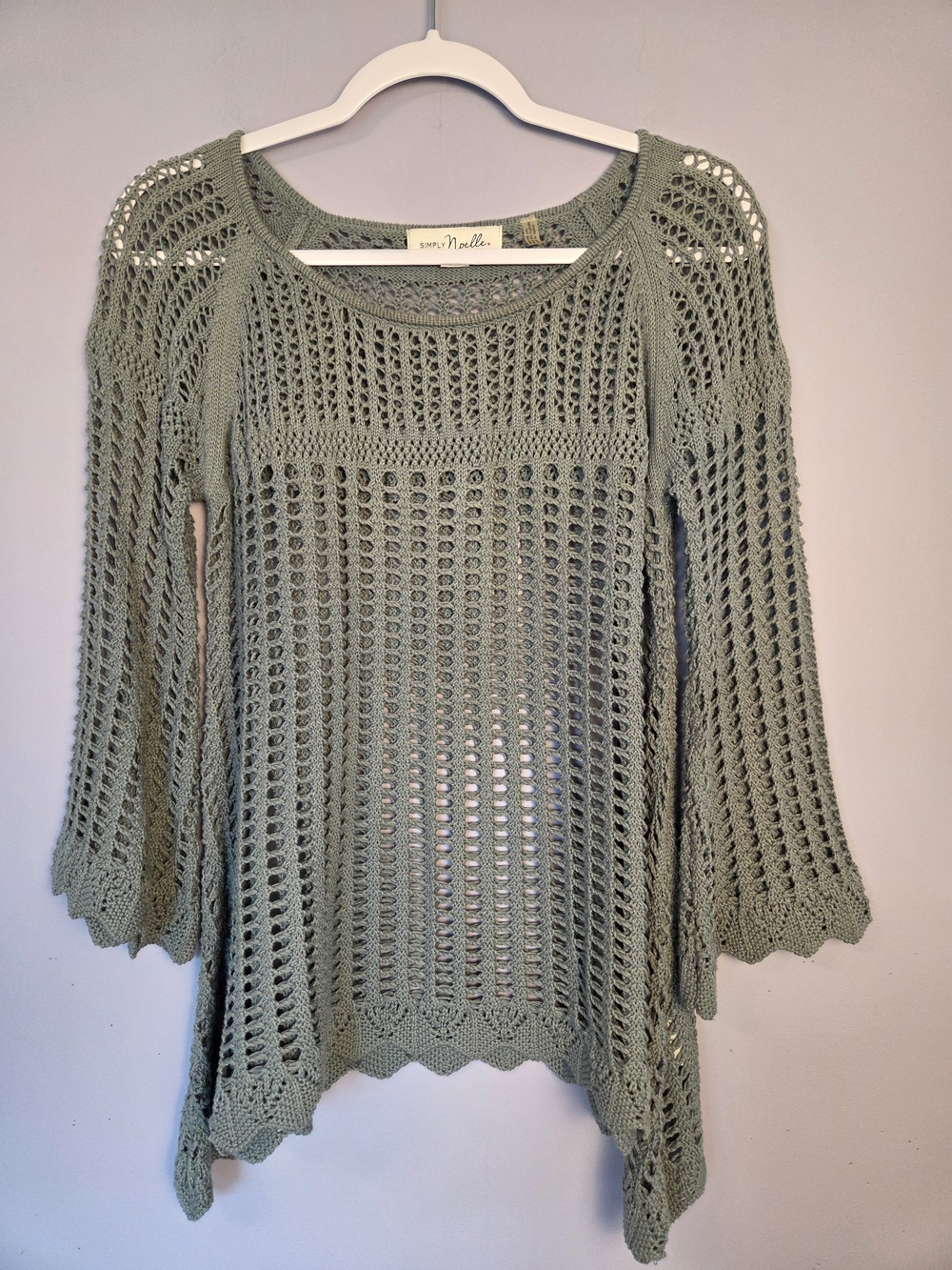 Boho-Chic Open-Knit Scoop Neck Sweater Bell Sleeves Sage Green Small Whimsigoth